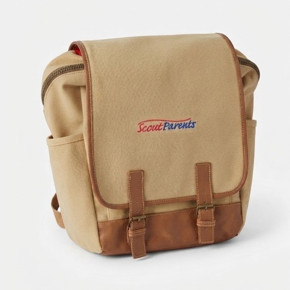 Scout Parents Canvas Backpack Tan Brown Rucksack Messenger Bag Embroidered Logo